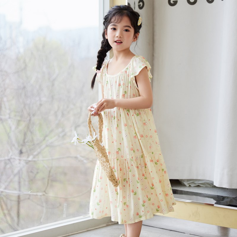 女童夏季睡裙短袖棉绸薄款凉感儿童小女孩睡衣2025新款公主连衣裙