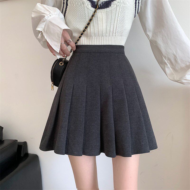 毛呢咖色百褶裙女秋冬新款大码胖mm松紧高腰a字短裙裤显瘦半身裙