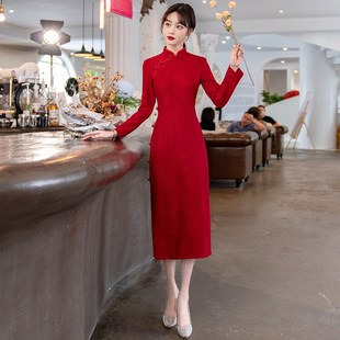 团购红色加绒加厚旗袍敬酒服长袖 礼服高档连衣裙 新娘结婚回门便装