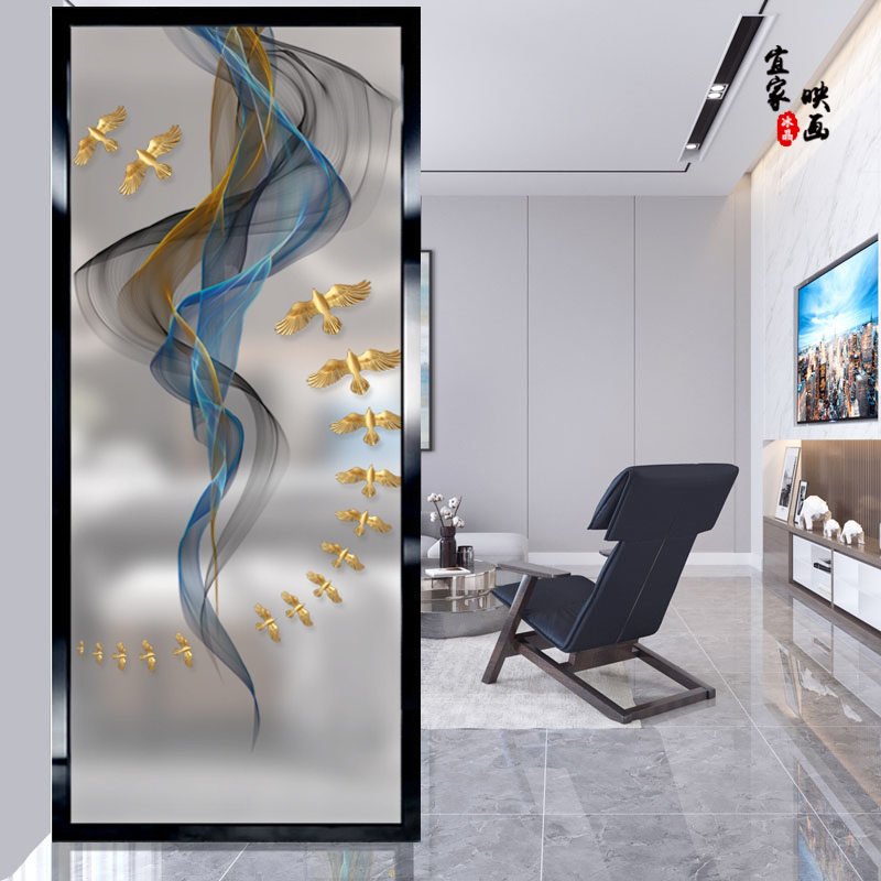 新中式麋鹿家和福贵艺术玻璃屏风隔断背景墙磨砂透光双面入户玄关