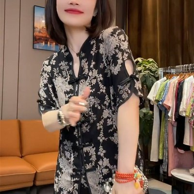 新中式气质花色时尚t恤女23夏短袖复古盘扣洋气显瘦中长唐装上衣