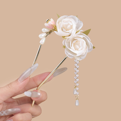 甜美氛围感蔷薇花U型发簪珠珠