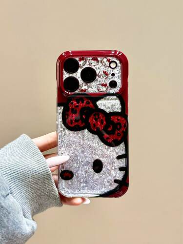 U2 酒红底豹纹蝴蝶结钻纹猫咪酱适用苹果18promax手机壳17iphone16