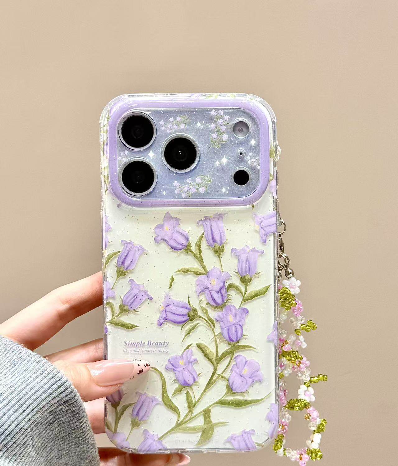 U2 细闪白底紫色藤蔓花朵链条适用苹果17promax新款小众手机壳16iphone简约小清新15防摔保护套