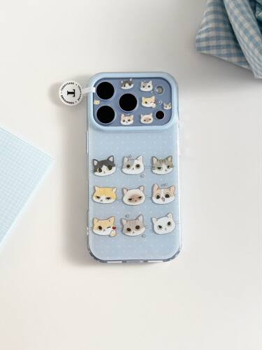U2 可爱蓝底波点宫格猫咪适用苹果18promax双层iPhone17/16/15手机壳
