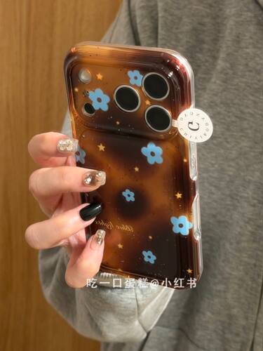 U2 透橙底满屏酒红晕染蓝花朵适用18promax手机壳iphone171615保护套