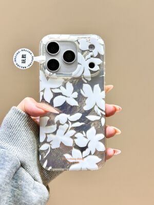 U2 简约ins锡纸纹银底白色花朵适用苹果17promax新款小众手机壳16iphone小清新简约15防摔保护套