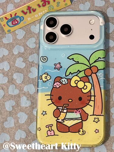 U2 ins夏威夷海滩黑皮kitty适用iphone17promax新款小众苹果16手机壳15可爱防摔保护套