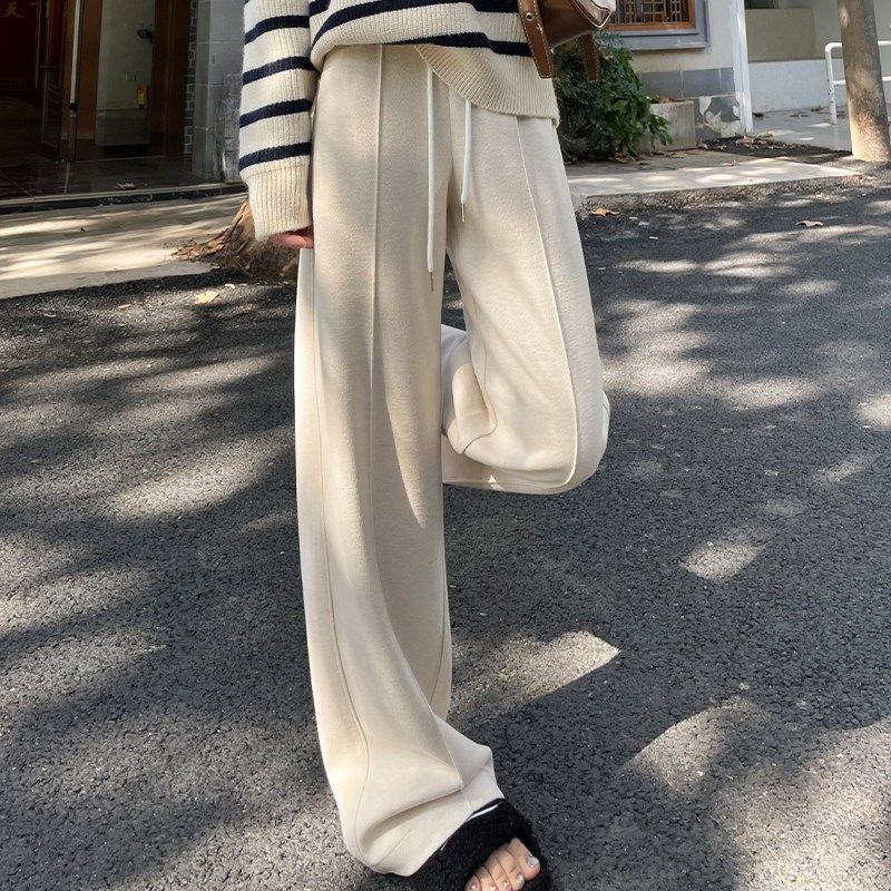 黑灰色加绒毛呢西装裤女秋冬高腰直筒人字纹阔腿裤羊毛休闲裤子