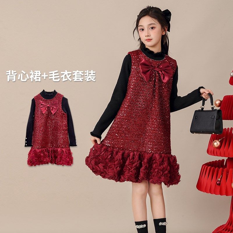 女童连衣裙冬季新款红色礼服儿童裙子秋冬套装新年大童女孩公主裙