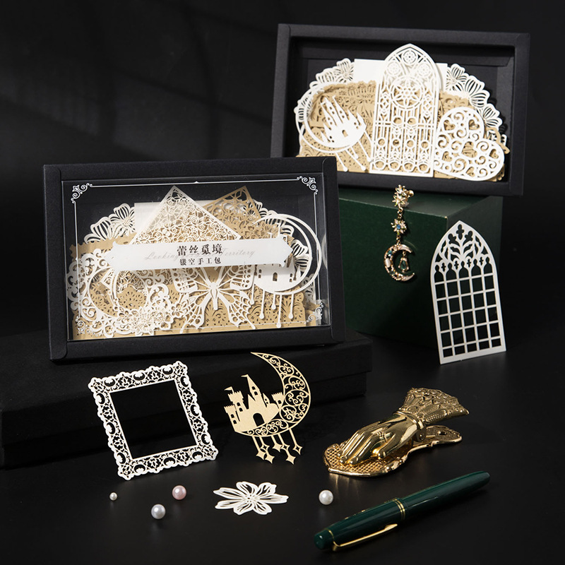 盒装特种纸镂空蕾丝手帐素材包 蝴蝶门窗边框手帐打底装饰素材纸