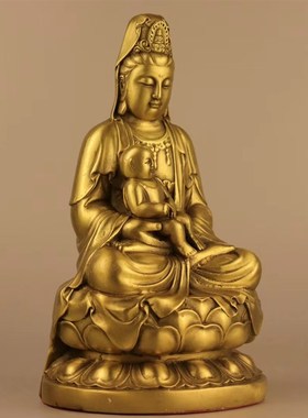 纯铜送子观音菩萨家用供奉求子坐莲五子观世音佛像保平安铜像摆件