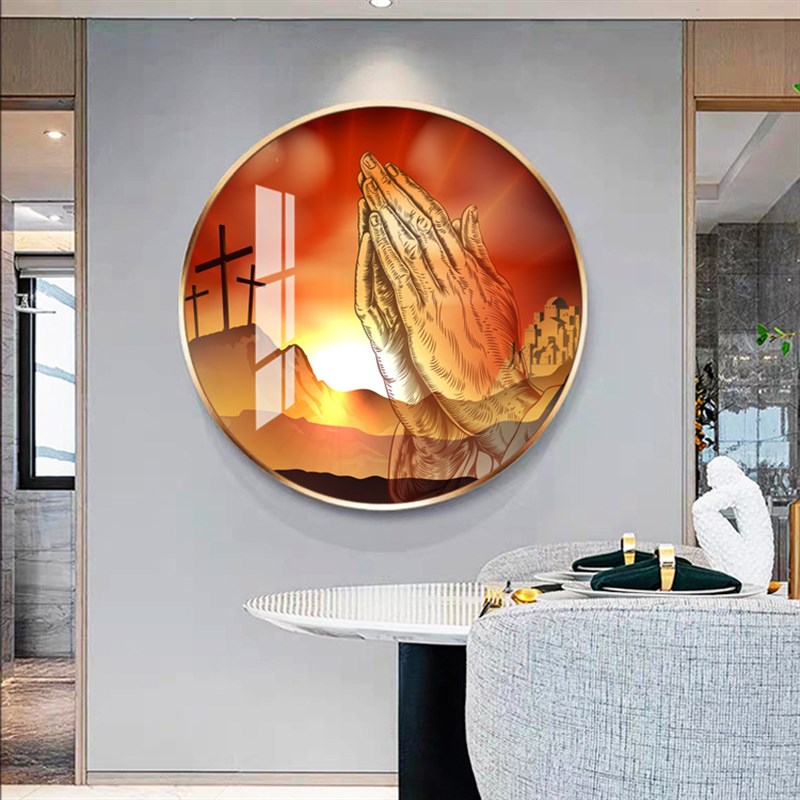 十字架装饰画圆框画晶瓷画挂画金属框卧室画框壁画
