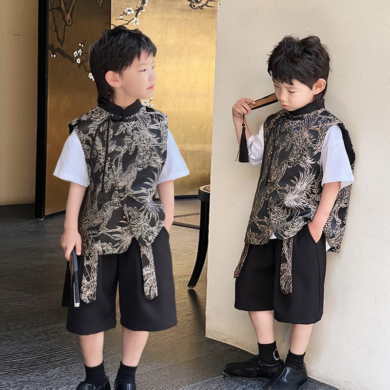 儿童新中式马甲夏季唐装男童背心周岁国潮汉服马甲礼服走秀演出服