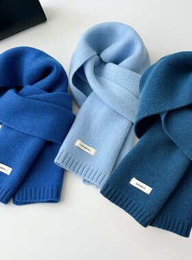 蓝色高级感100%羊毛围巾2025新款女冬季韩系百搭学生礼物围脖男