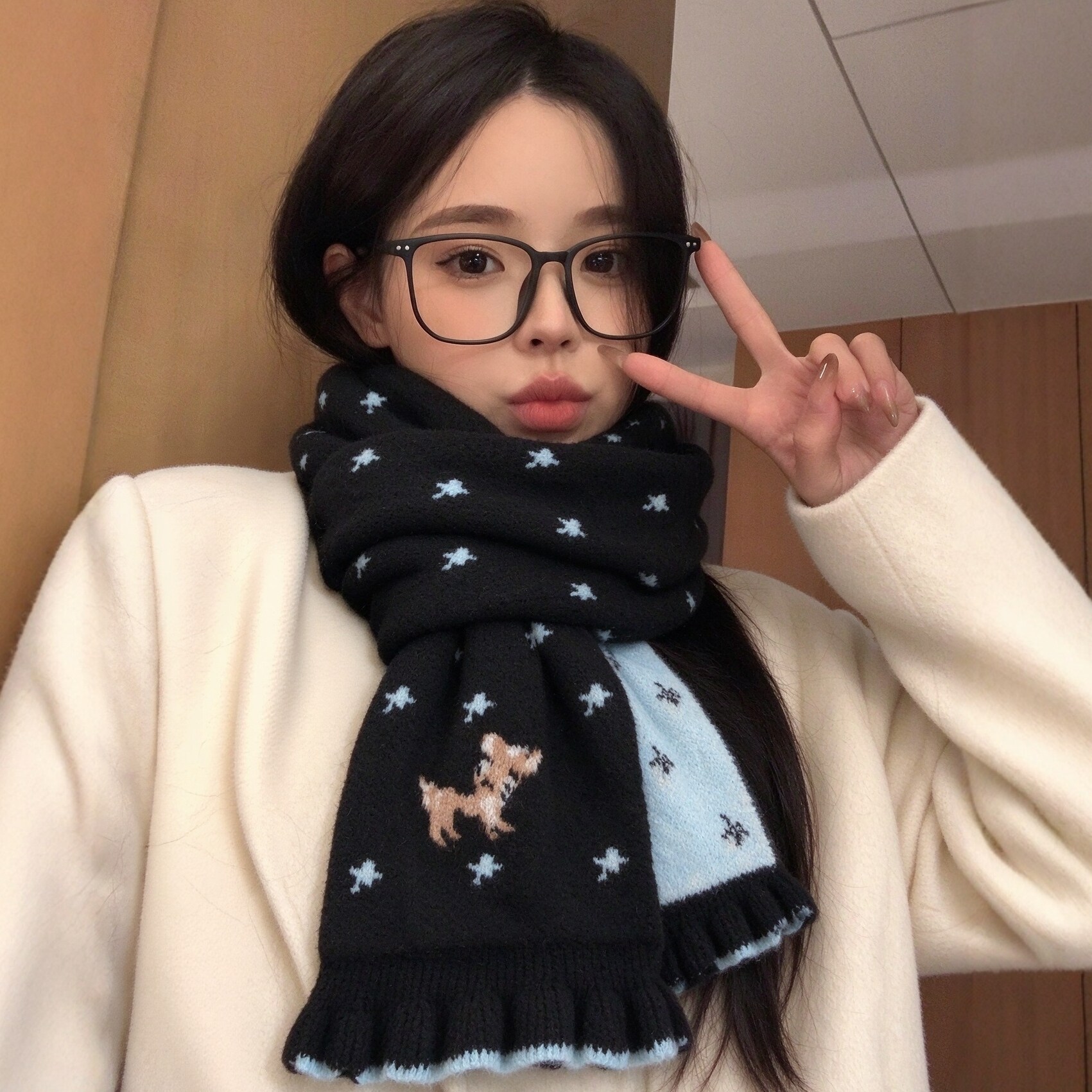 小鹿蓝色双面围巾女冬高级感韩系氛围感加厚保暖护颈可爱学生围脖