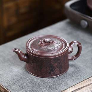 宜兴紫FTN砂壶原家矿紫泥大节容刻绘花鸟竹用茶壶套装密文跨量境