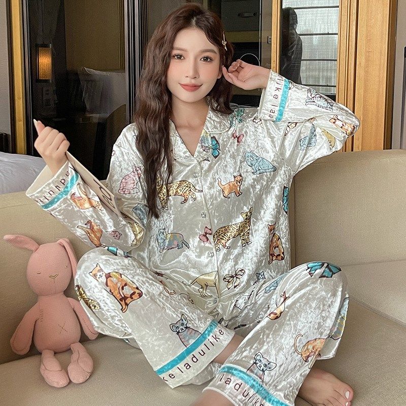 速发小香风高级睡衣女金丝绒翻领秋冬开衫长袖长裤甜美轻奢家居服