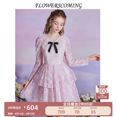 花儿开了2026春季新款法式复古蕾丝短款连衣裙粉色甜美仙女蛋糕裙