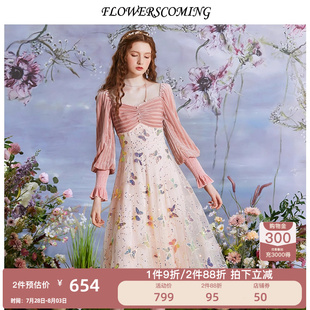 公主裙 2025春季 新款 丝绒拼接蕾丝中长款 连衣裙女甜美网纱长袖