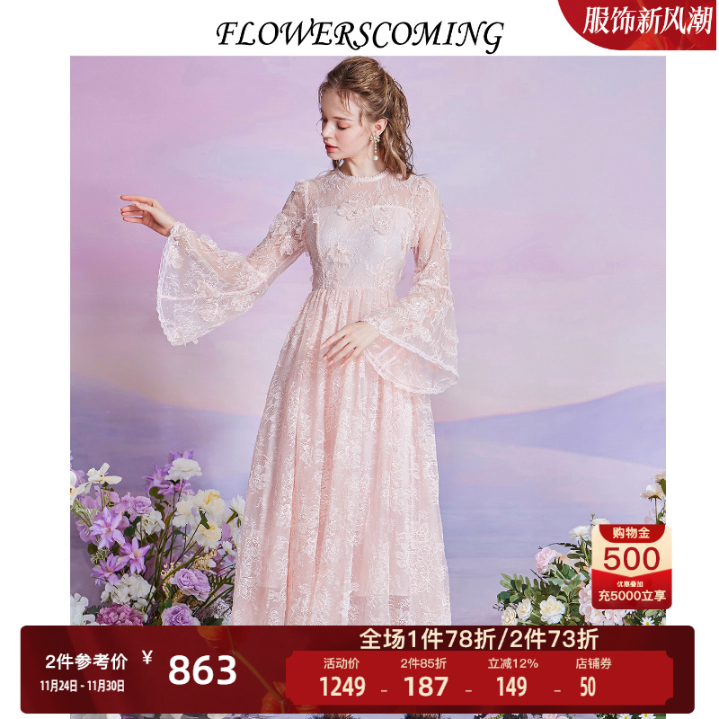 花儿开了原创设计蕾丝刺绣连衣裙2025秋季新款法式复古优雅公主裙