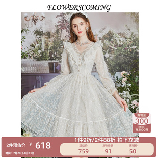 显瘦中长款 花儿开了春季 V领蕾丝网纱连衣裙女修身 新款 公主裙 法式