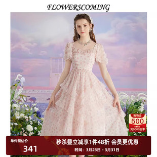 超仙网纱印花连衣裙女高腰设计感公主裙 法式 花儿开了2026夏季 新款