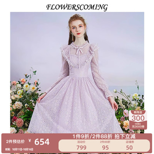 圆领蕾丝连衣裙女复古风荷叶花边公主裙 法式 花儿开了2025秋季 新款
