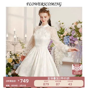 花儿开了2026春季新款新国风短款旗袍连衣裙圆领提花复古气质裙子