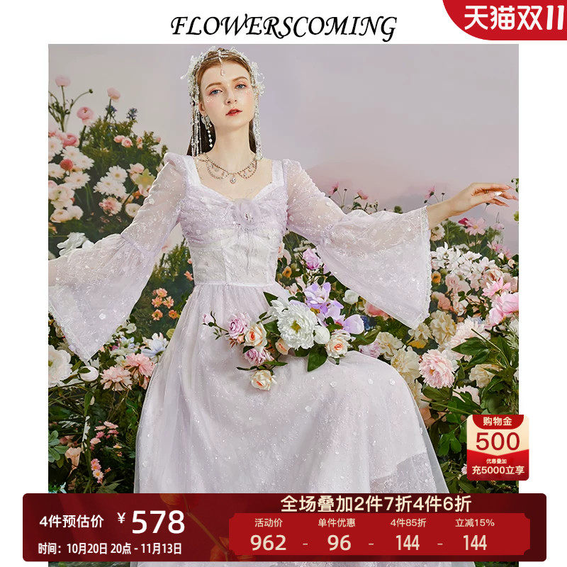 花儿开了2026秋季新款鸵鸟毛重工刺绣法式连衣裙女公主风长款裙子