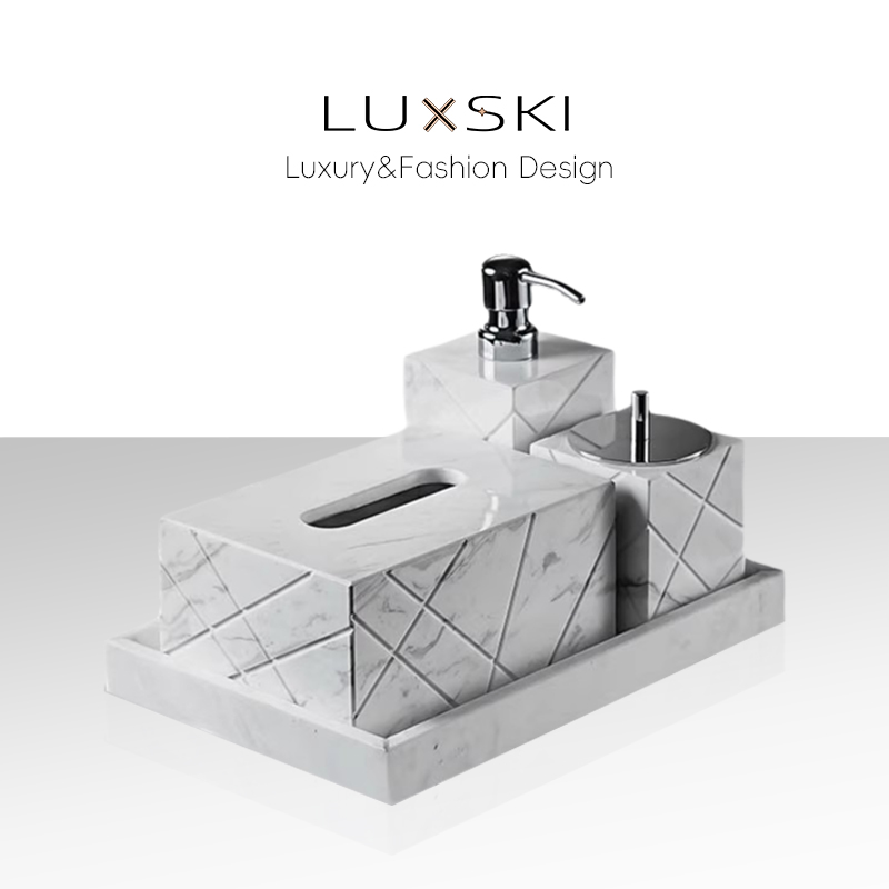 LUXSKI大理石洗漱套装浴室用品收纳摆件高档酒店洗手台面抽纸巾盒