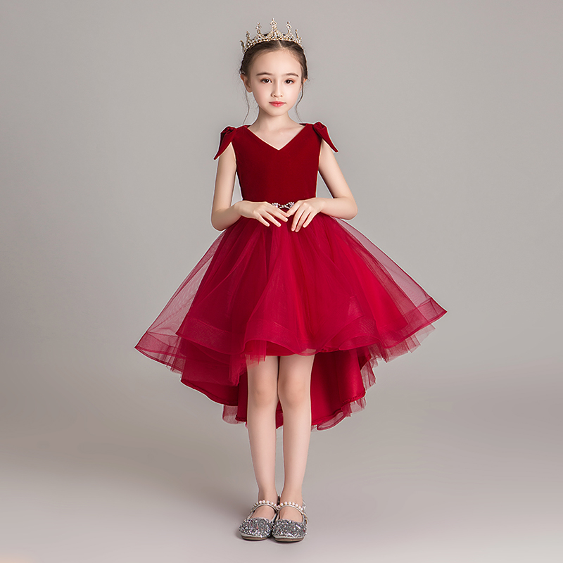 儿童礼服公主裙女童红色走秀小女孩婚礼花童主持人钢琴演出服洋气