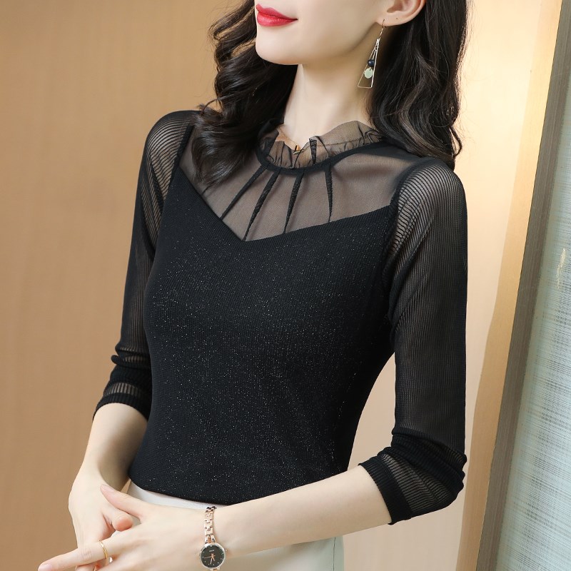 黑色网纱长袖打底衫女春夏2022新款内搭洋气时尚上衣内.搭t恤蕾丝