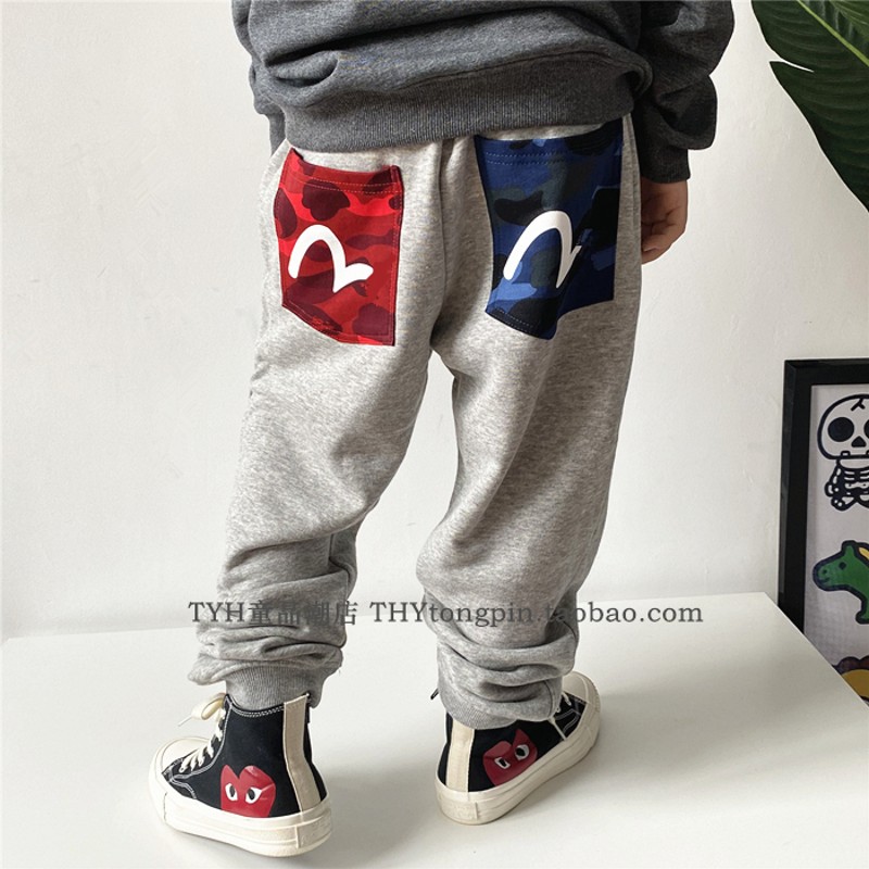 21秋冬男女儿童潮牌迷彩口袋纯棉加绒长裤宽松运动裤日系刺绣卫裤