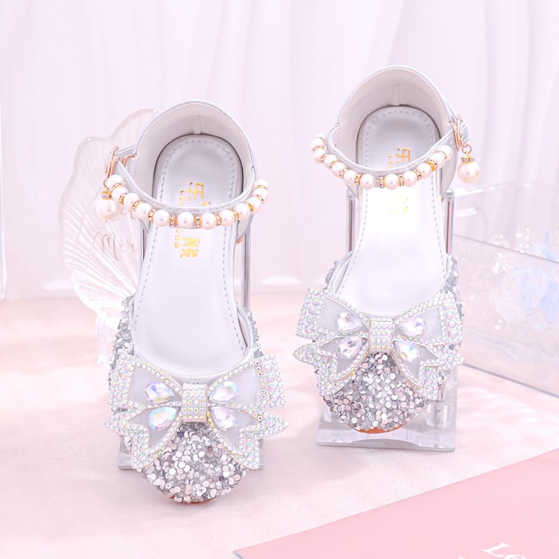 儿童高跟鞋洋气小女孩韩版皮鞋花童公主鞋银色配礼服女童水晶鞋闪