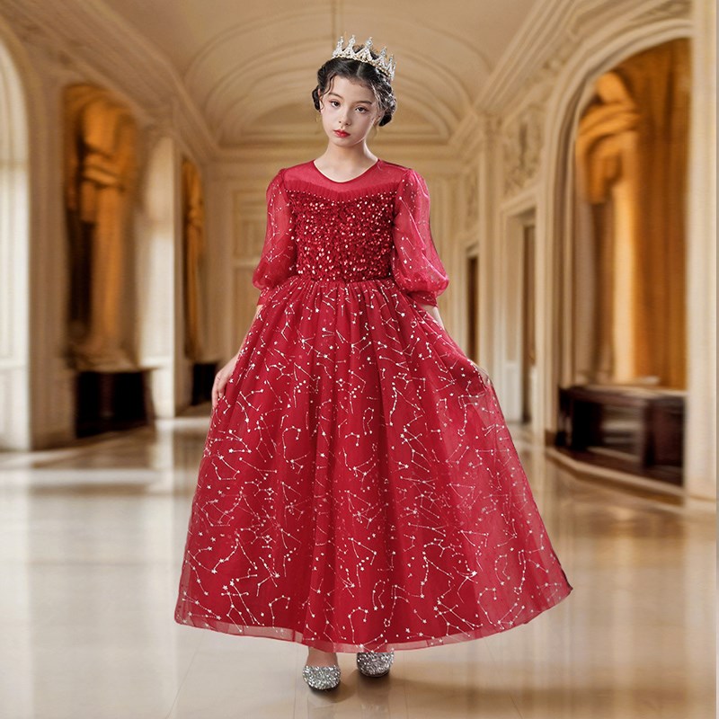 女童公主裙合唱演奏高端红色走秀长袖时尚轻奢钢琴演出服生日礼服