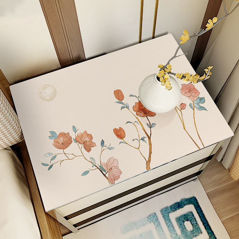 新中式床头柜垫子防水防烫桌布PVCF桌垫布卧室方几中国风防尘盖布