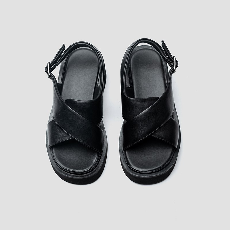 男士凉鞋2025新款露趾百搭松糕厚底沙滩鞋黑色真皮高端夏季通勤鞋