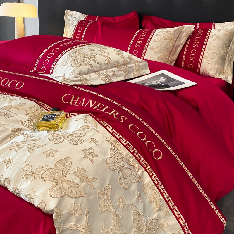 新疆长绒棉结婚四件套提花被套全棉床单被套纯棉中式婚庆床上用品