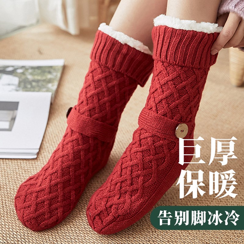 超厚加绒保暖地板袜女秋冬季睡觉暖脚袜子冬天居T家防滑毛绒护脚