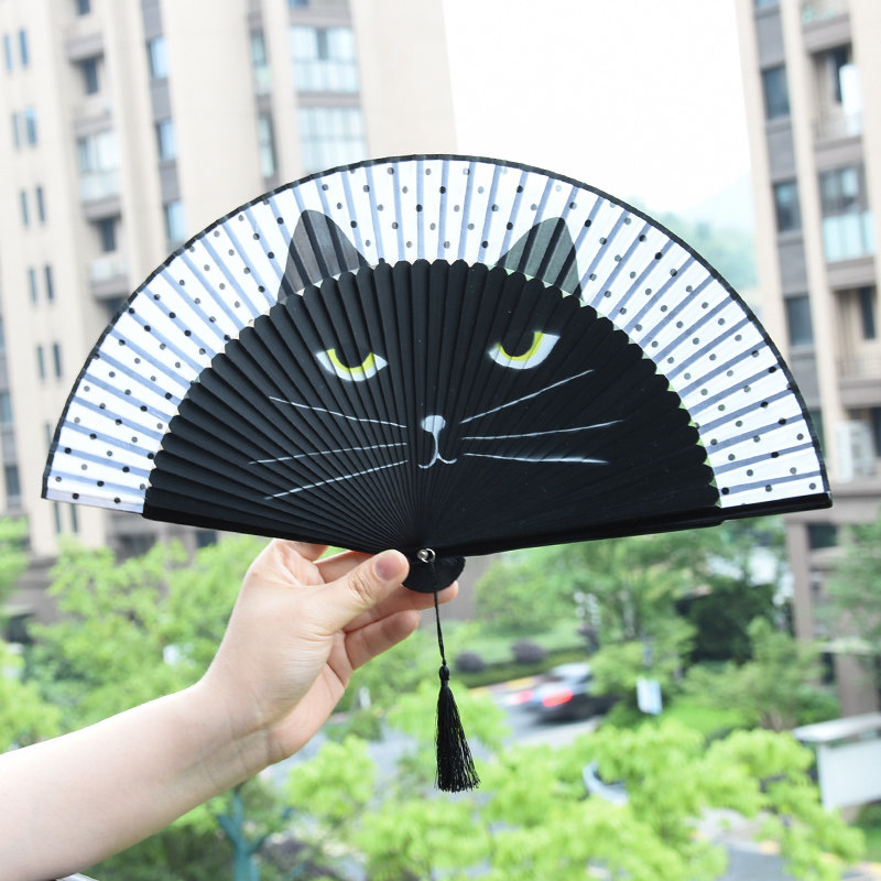 梦忆莲黑色手绘真丝卡通猫折扇日式手持扇夏季女式旗袍舞蹈折扇子