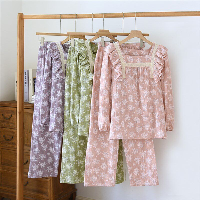 春夏薄款绉布纯棉双层纱布睡衣女长袖长裤方领套头蕾丝公主花边