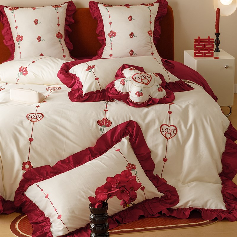 公主风婚庆四件套红色全棉荷叶边被套结婚少女心床上婚房纯棉床单