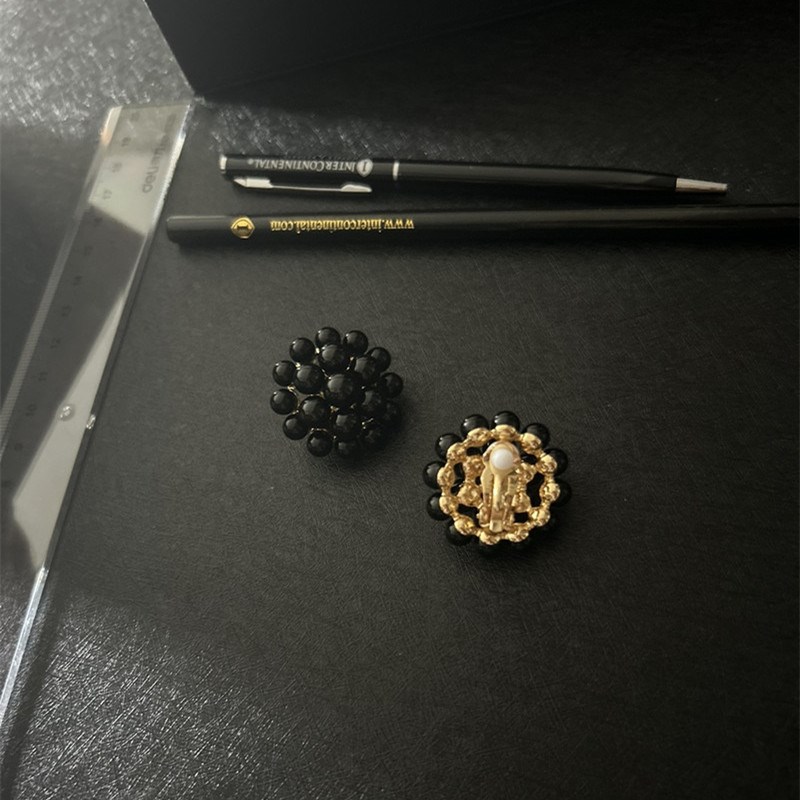 港风复古女神气质百搭小众黑色圆珠子夸张个性大耳环耳钉耳夹饰品