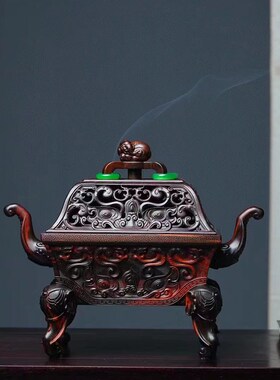 大红酸枝太平有象香炉手工精雕盘香炉中式复古茶室熏香炉榫卯