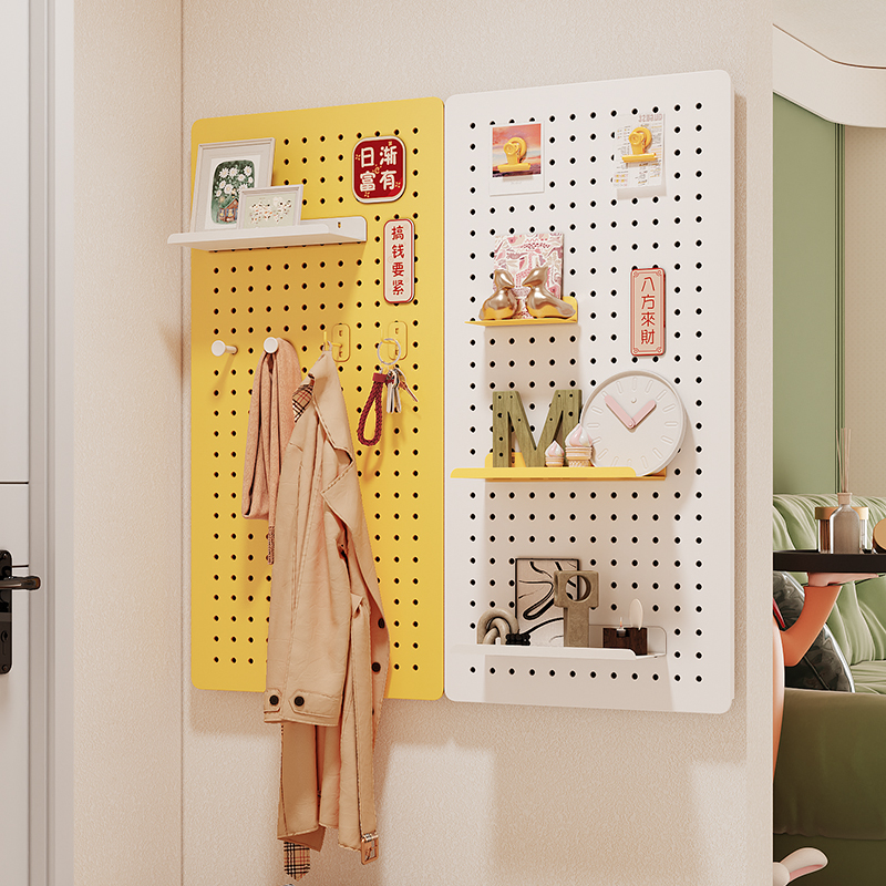 奶油风洞洞板入户玄关定制收纳免打孔桌面墙上置物架配件展示挂板