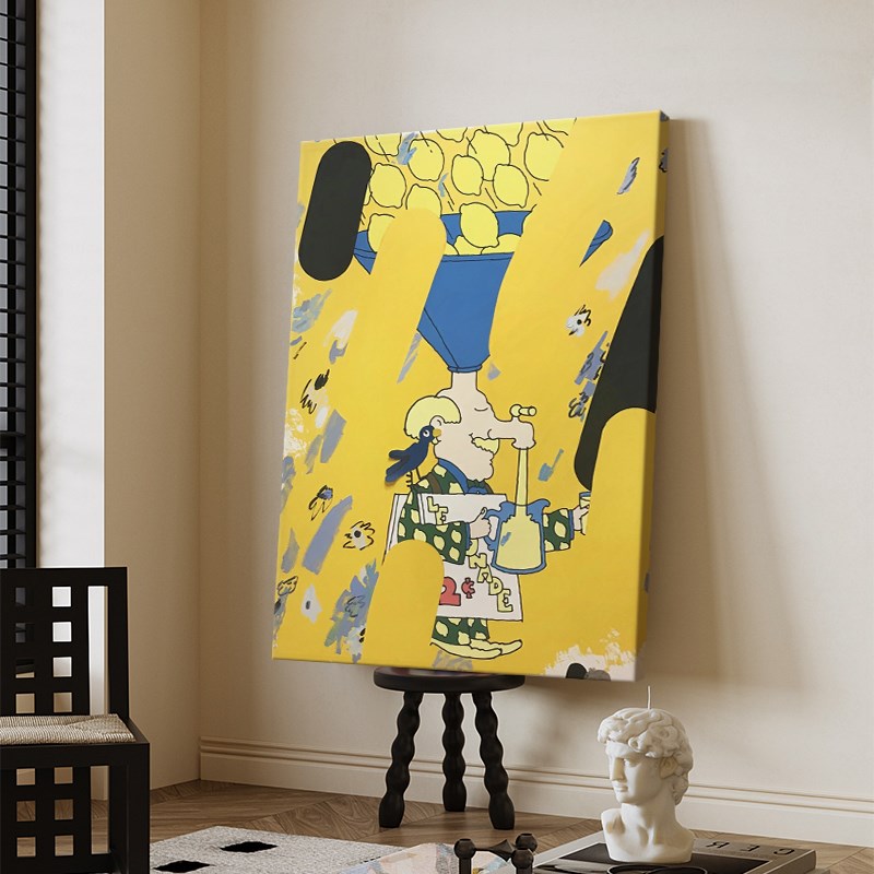 抽象人物装饰画客厅玄o关创意图案手绘油画儿童房卡通黄色涂鸦挂图片