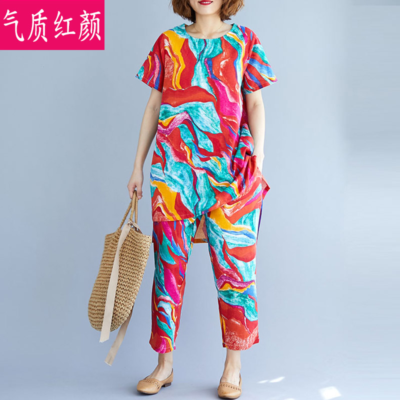 棉麻套装女夏季大码宽松中长款T恤F七分阔腿裤亚麻印花休闲两件套