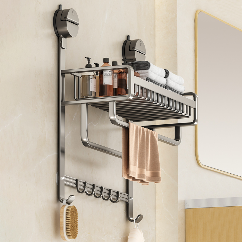 吸盘浴巾架卫生间毛巾架置物架一体浴室壁挂式免打孔多功能收纳架