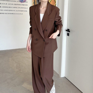 胖mm干练气质高冷御姐风西装阔腿裤套装大L尺码宽U松西服两件套显